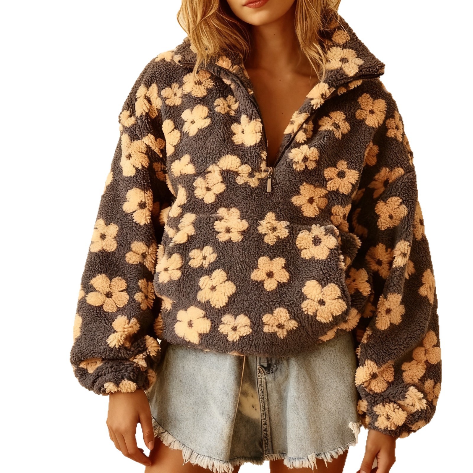 Fleece Floral Pullover Sweatshirt Women's Warm High Neck Loose Fit