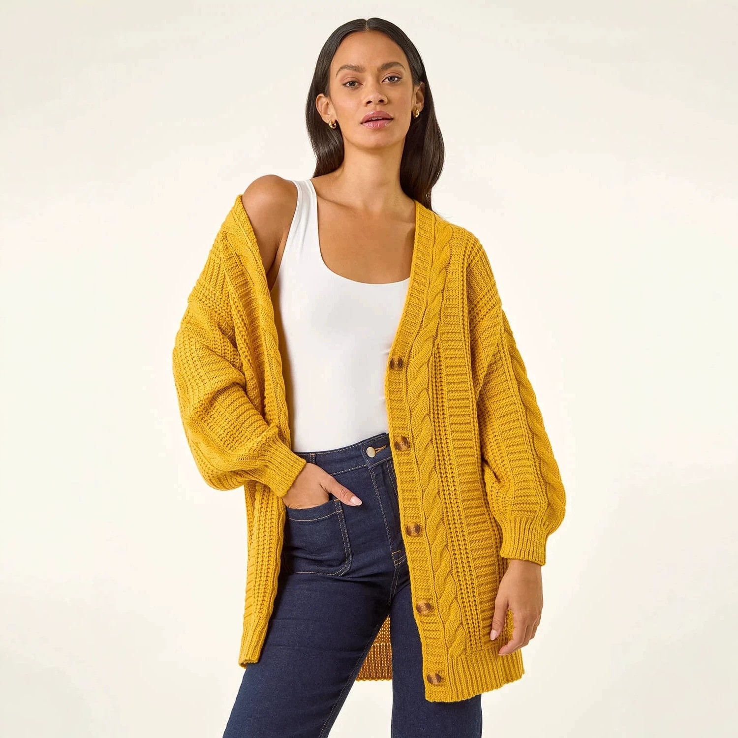 Women's Plus Size Solid Knit Cardigan V-Neck Lantern Sleeve Loose Fit