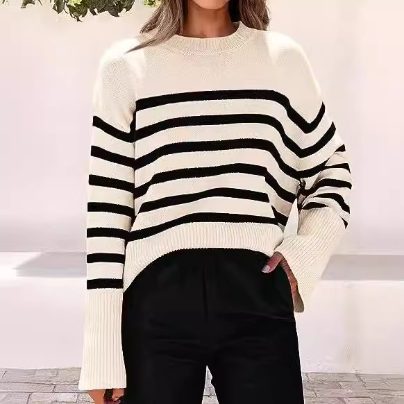 Striped Loose Puff Sleeve Knit Sweater