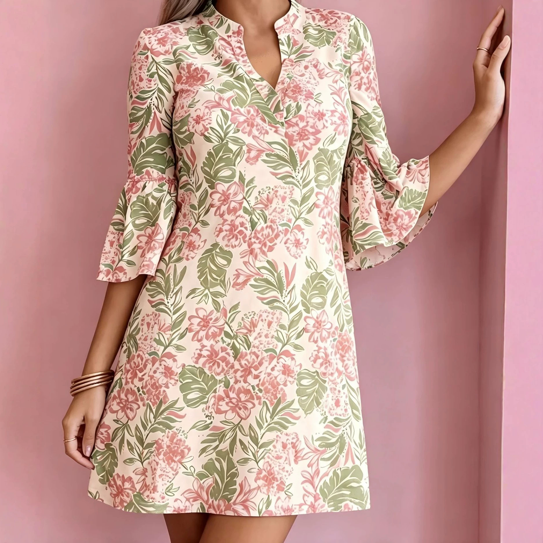 Women's Floral Leaf Print Casual Midi Dress with Deep V-Neck and Five-Quarter Sleeves