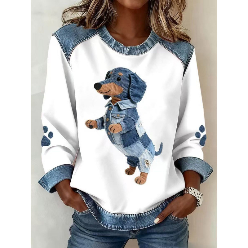3D Print Colorblock Denim Collar Pullover Sweatshirt Women's Long Sleeve Loose Fit