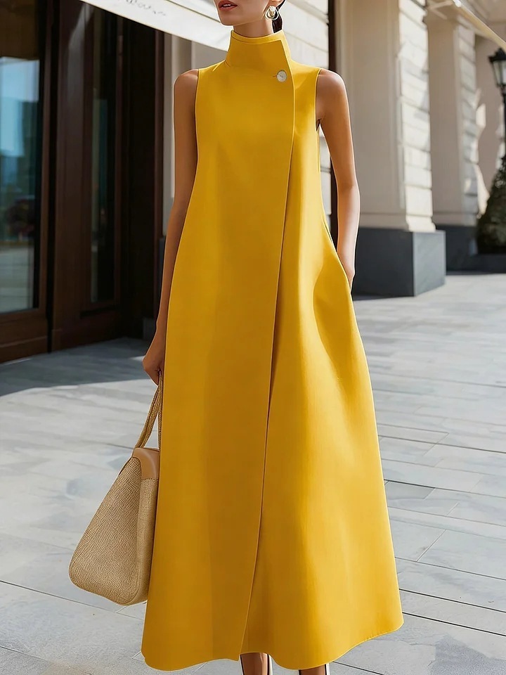 Elegant Stand Collar Sleeveless A-Line Midi Dress
