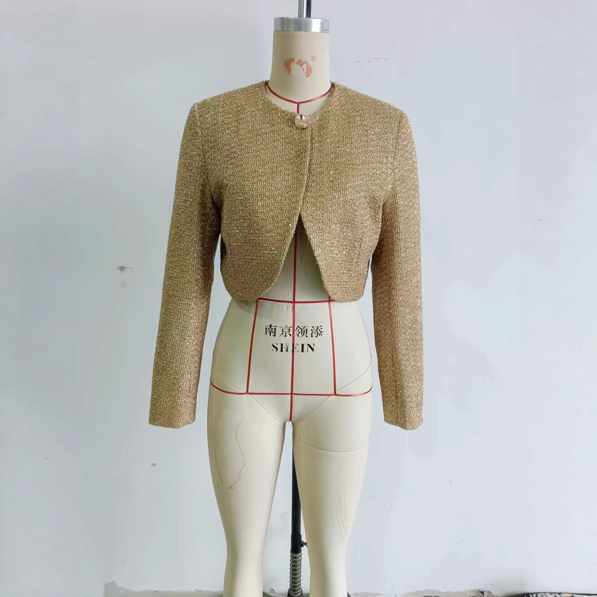 Gold Cropped Tweed Jacket, Elegant Versatile Women's Outerwear