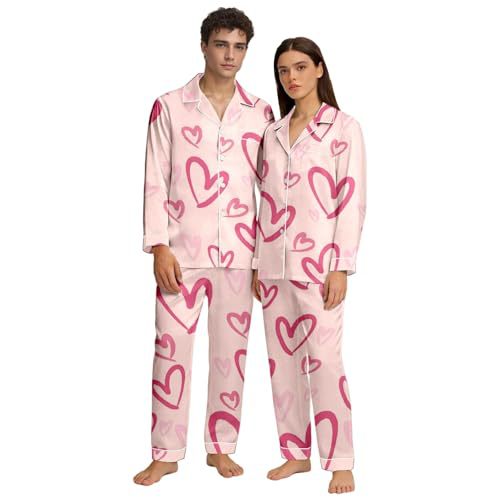 Cuban Collar Heart Print Long Sleeve Women's Set