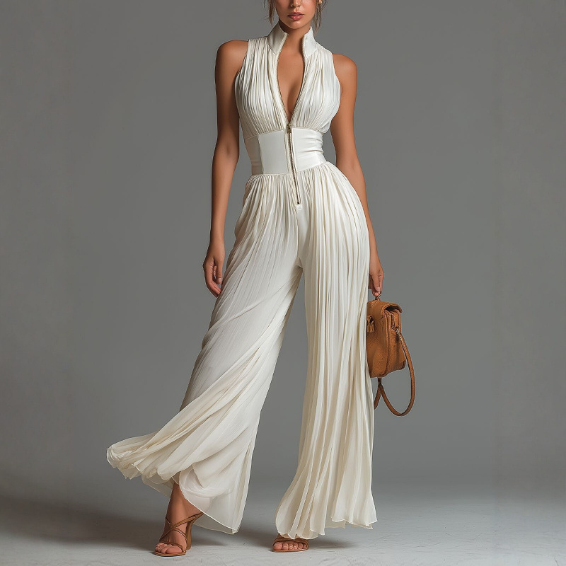 Pleated White Wide-Leg Halter Jumpsuit