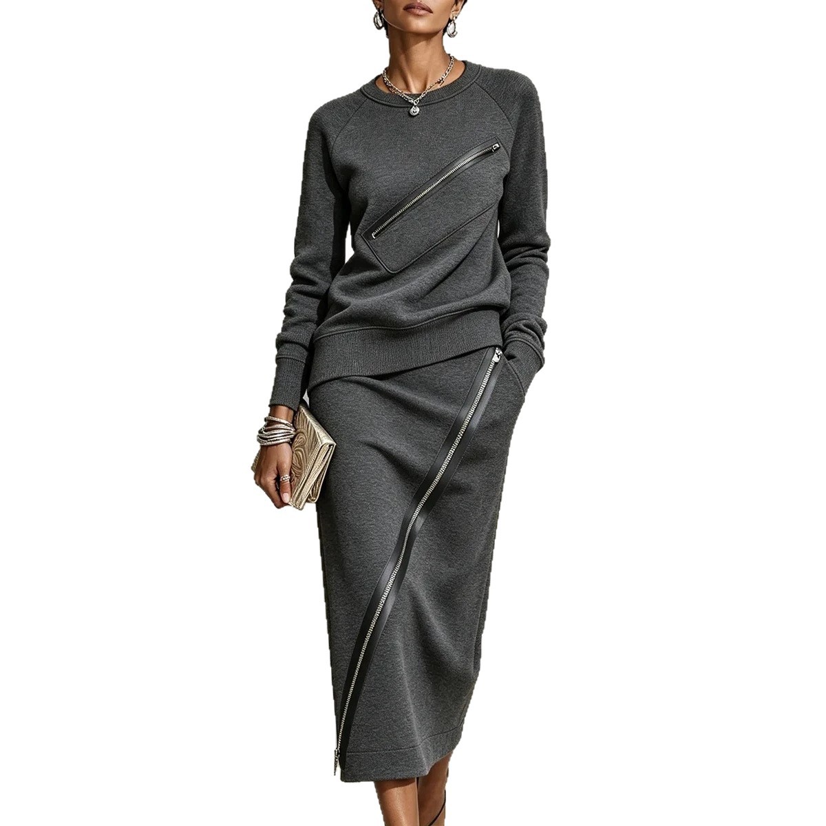 Women's Solid Color Zip Skirt and T-Shirt Two-Piece Set