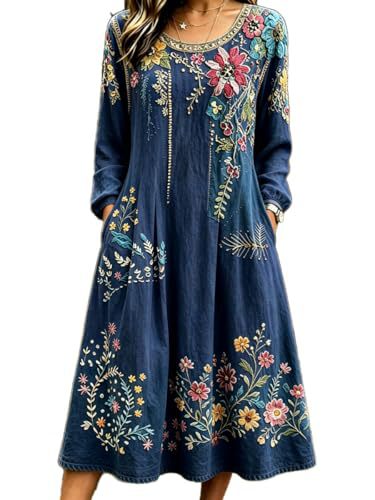 Women's Bohemian Floral Print Pleated Long Sleeve Midi Dress