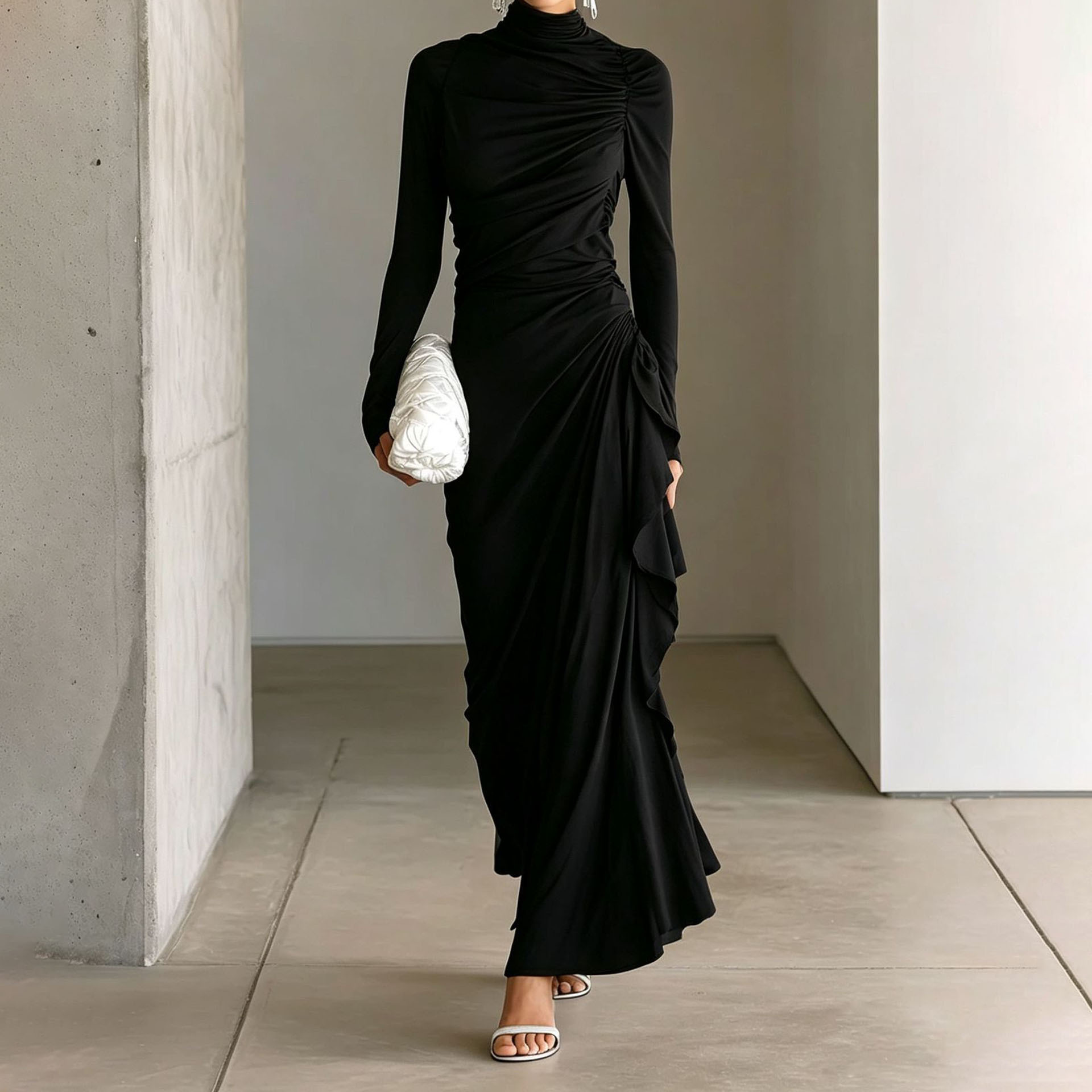 High-Neck Ruched Bodycon Long-Sleeve Dress