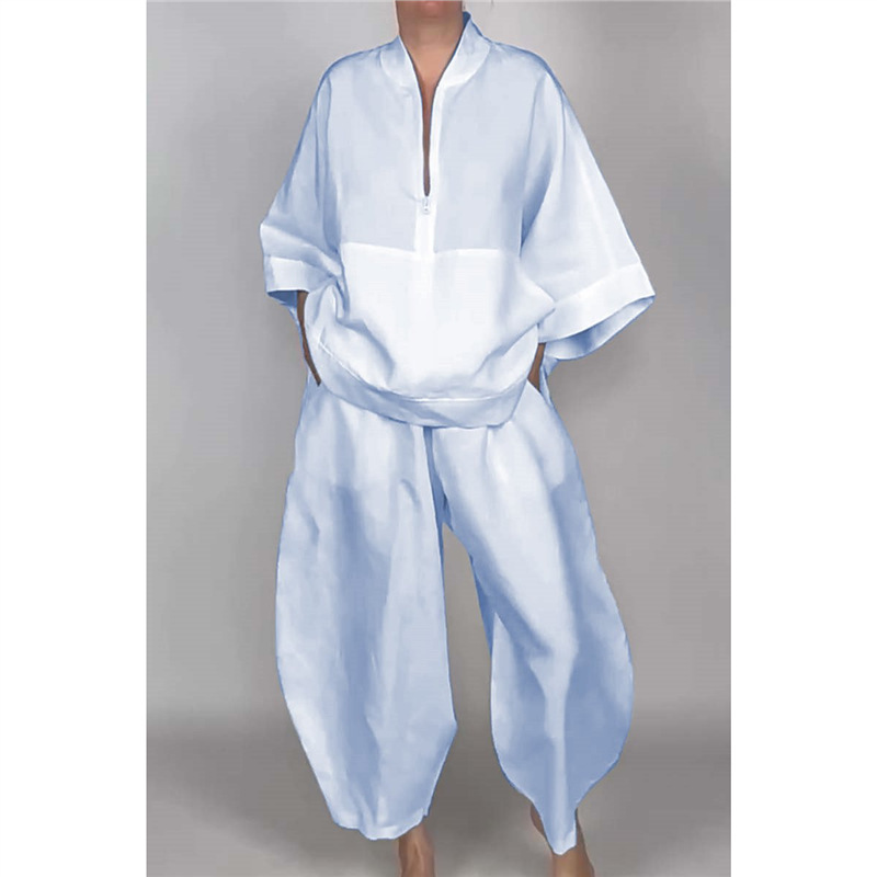 Relaxed Solid Half-Zip Top and Bloomer Pants Set