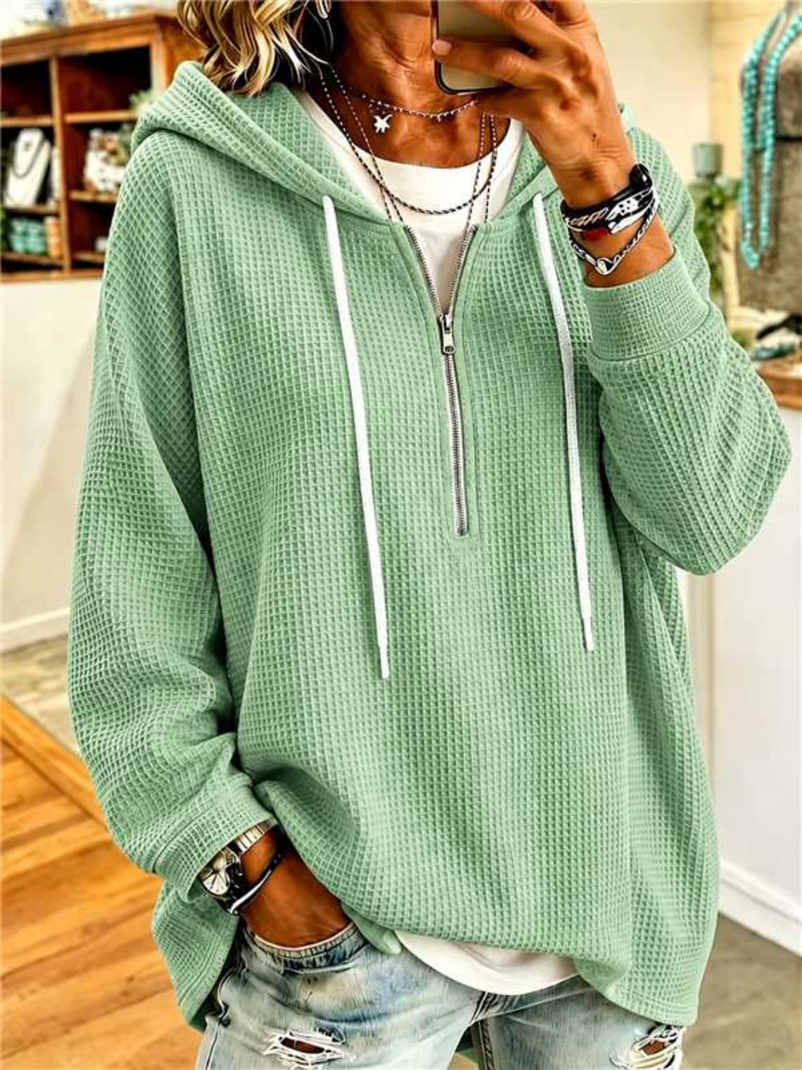 Women's Waffle Knit Drawstring Hooded Sweatshirt Loose Zip-Up Long Sleeve Top