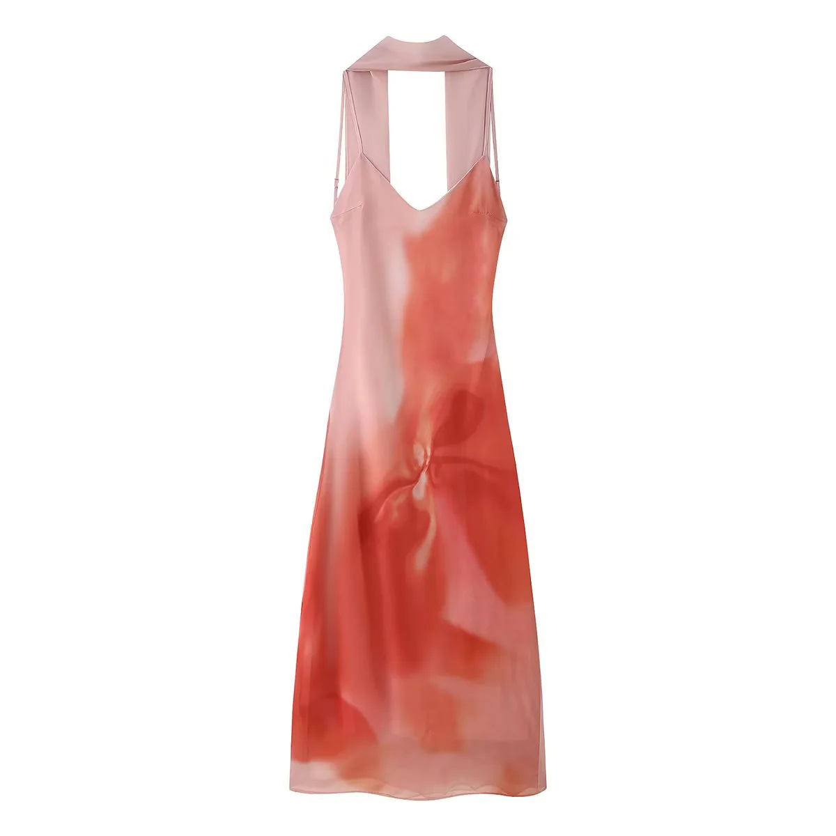 Tie-Dye Print Sleeveless Midi Dress with Scarf
