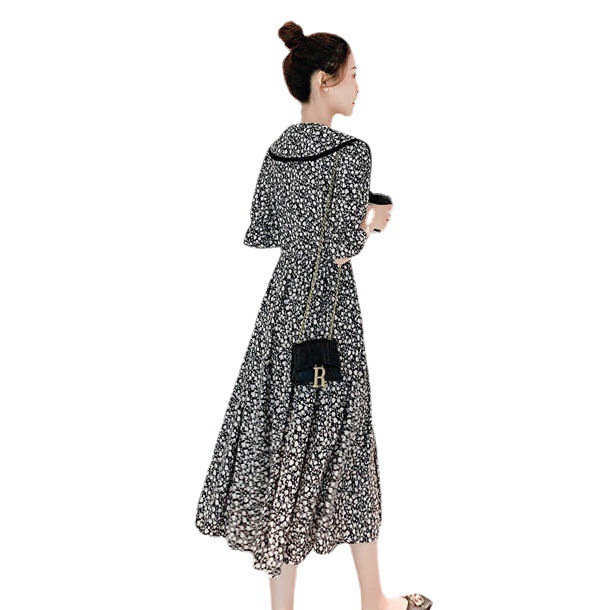 Floral A-Line Midi Dress with French Sailor Collar and Cinched Waist