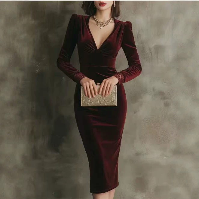 Velvet V-Neck Long Sleeve Bodycon Midi Dress