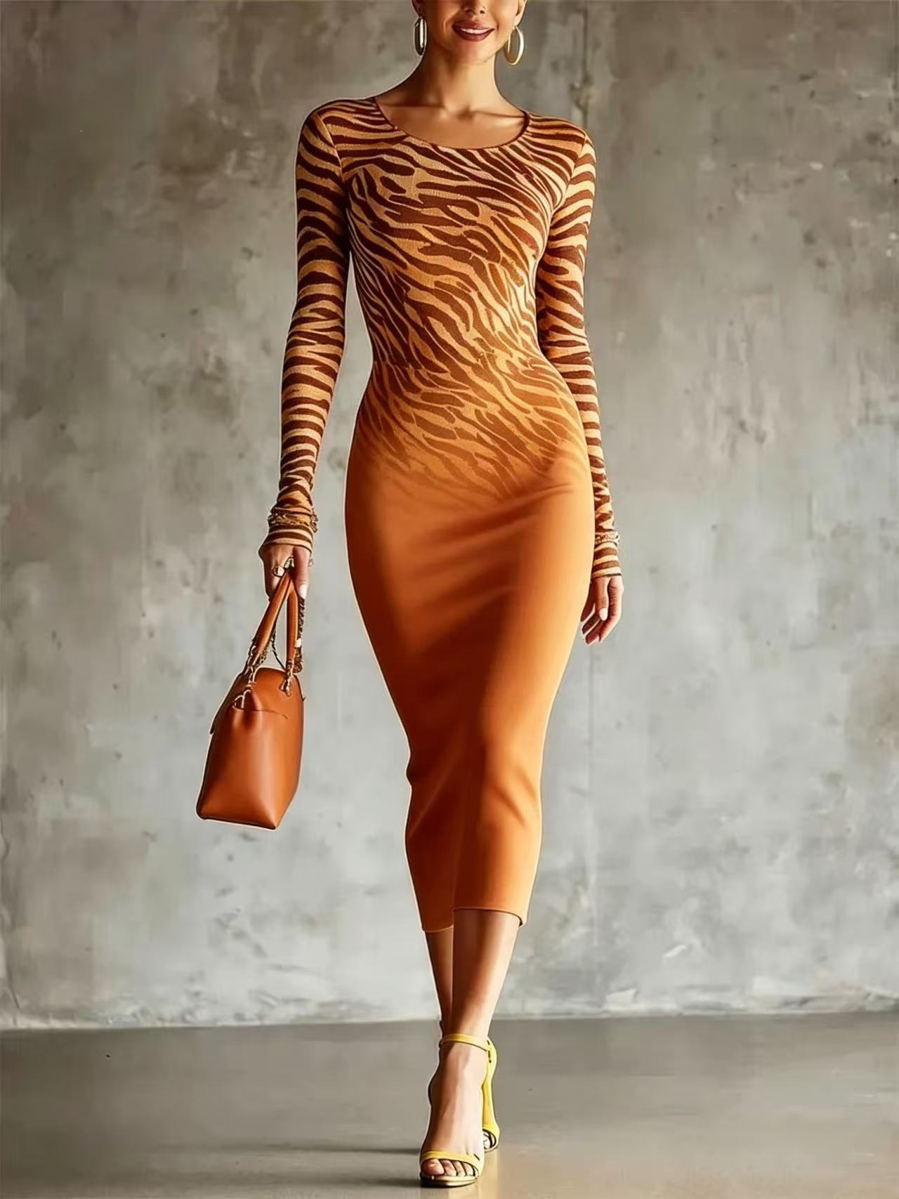 Gradient Zebra Print Long Sleeve Bodycon Midi Dress