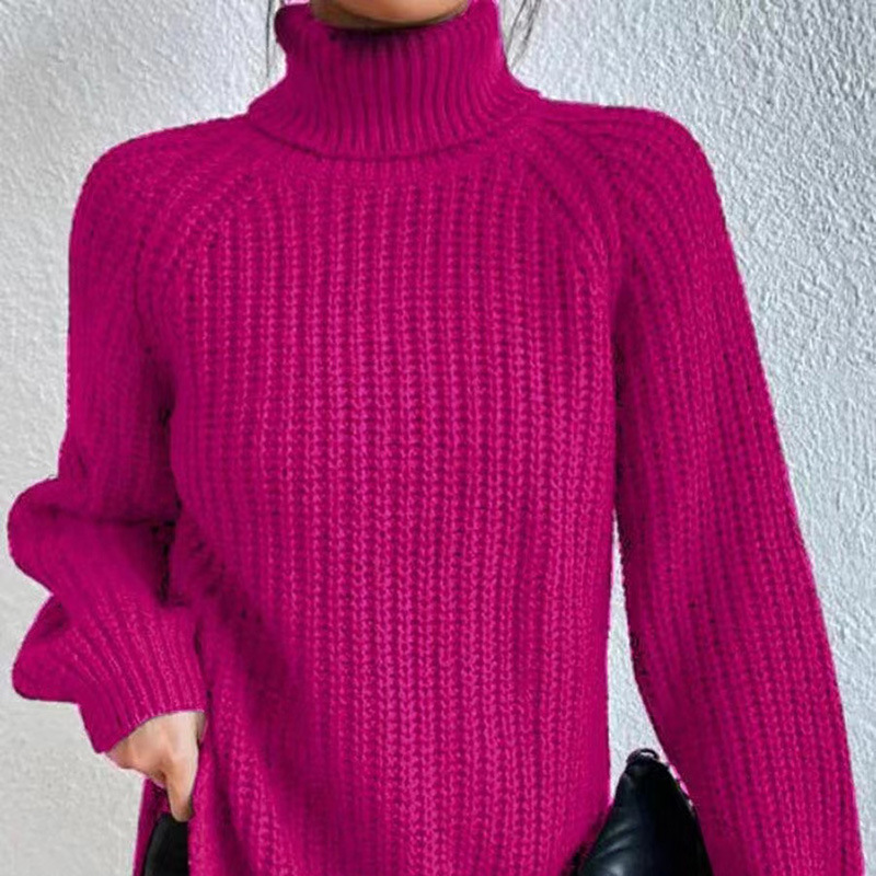 Women's High Neck Midi Knit Sweater with Raglan Sleeves and Side Slit