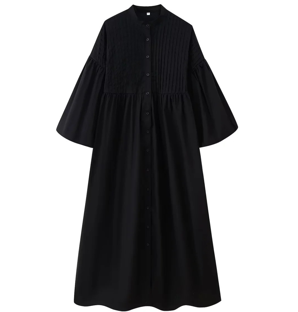 Women's Three-Color Round-Neck Button-Front Puff-Sleeve Textured Dress
