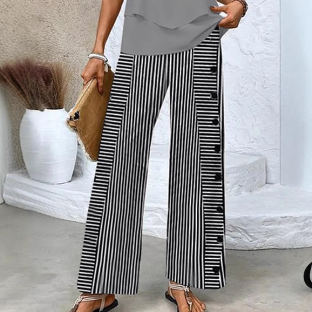 Women's Striped Wide-Leg Button Casual Straight Pants
