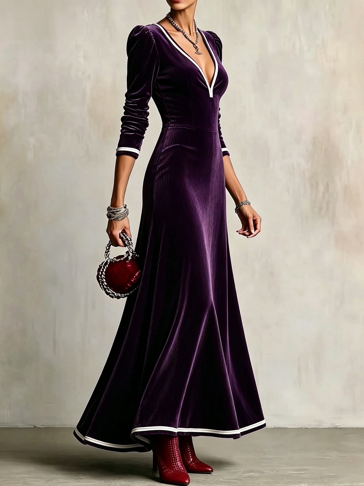 Striped Velvet A-Line Maxi Dress with Deep V-Neck and High Waist