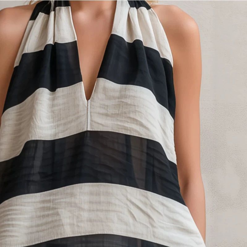 Striped Sleeveless Chiffon Shirt and White Cotton Linen Shorts Set