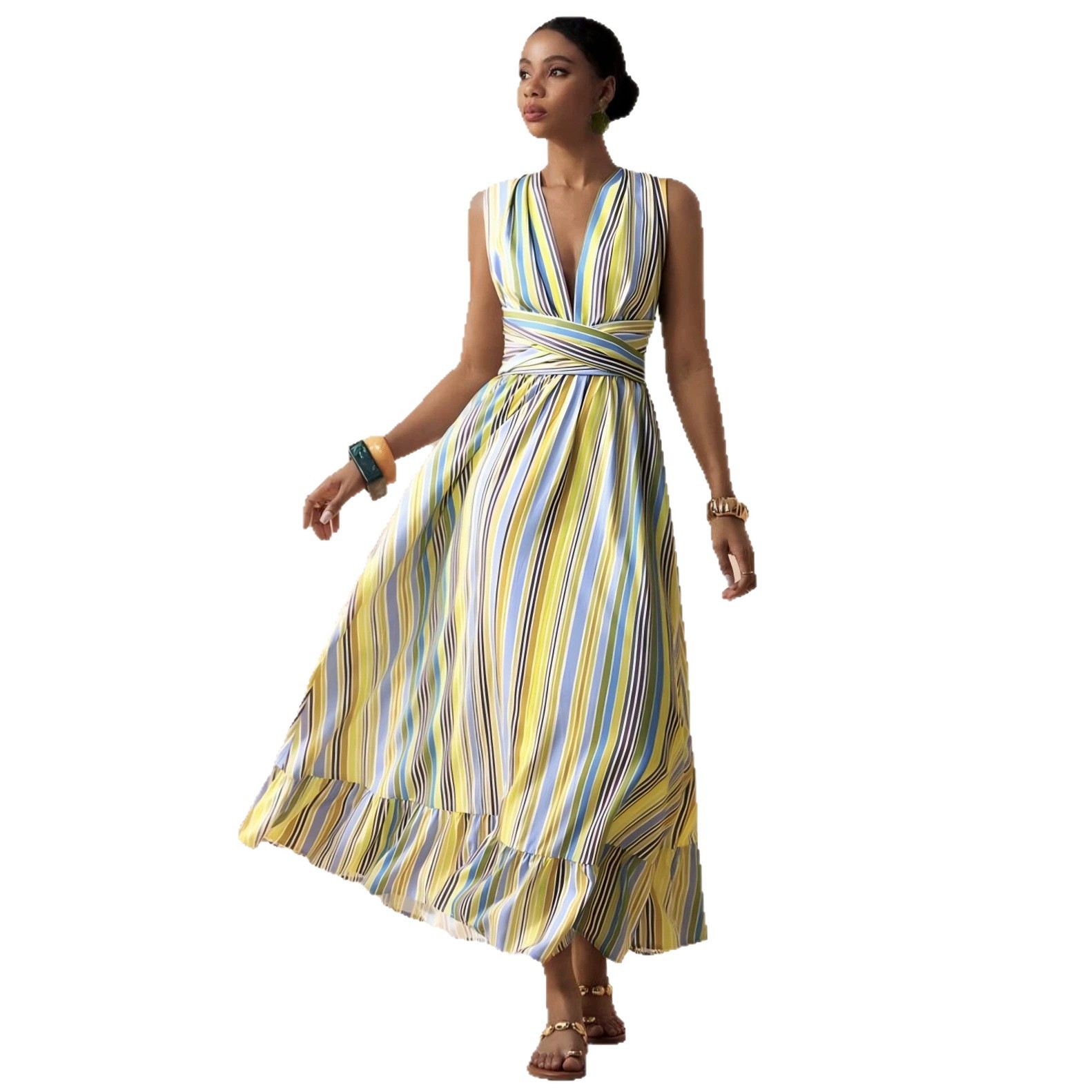 Striped Sleeveless V-Neck A-Line Midi Dress