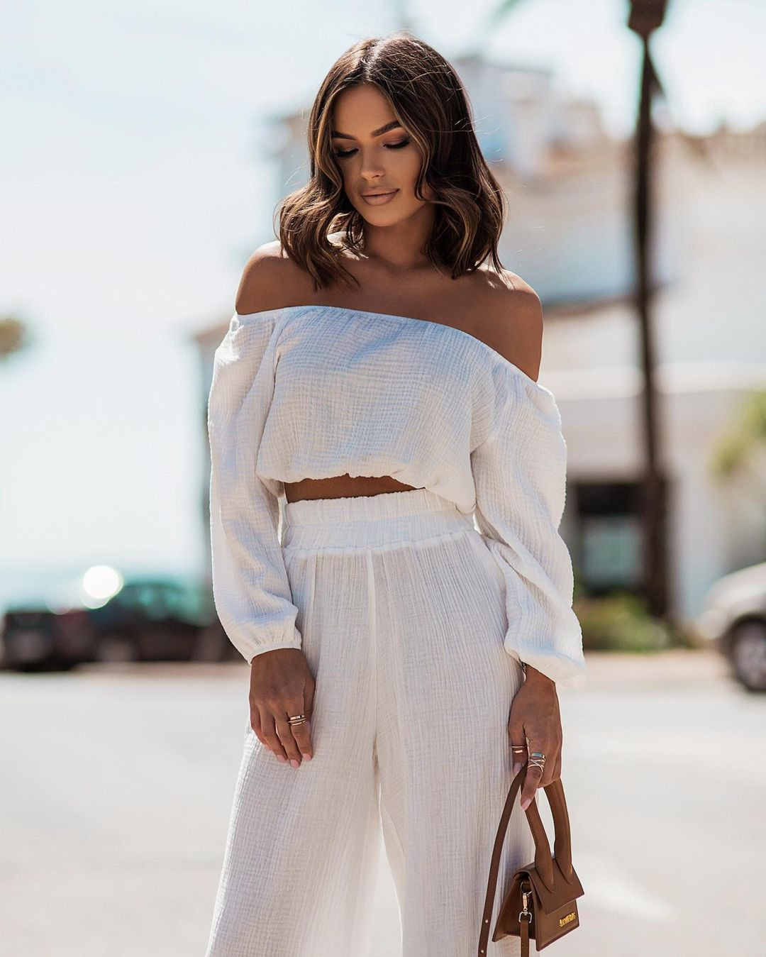 Off-Shoulder Short-Sleeve Top and Straight-Leg Pants Set Solid Color Commuter Two-Piece