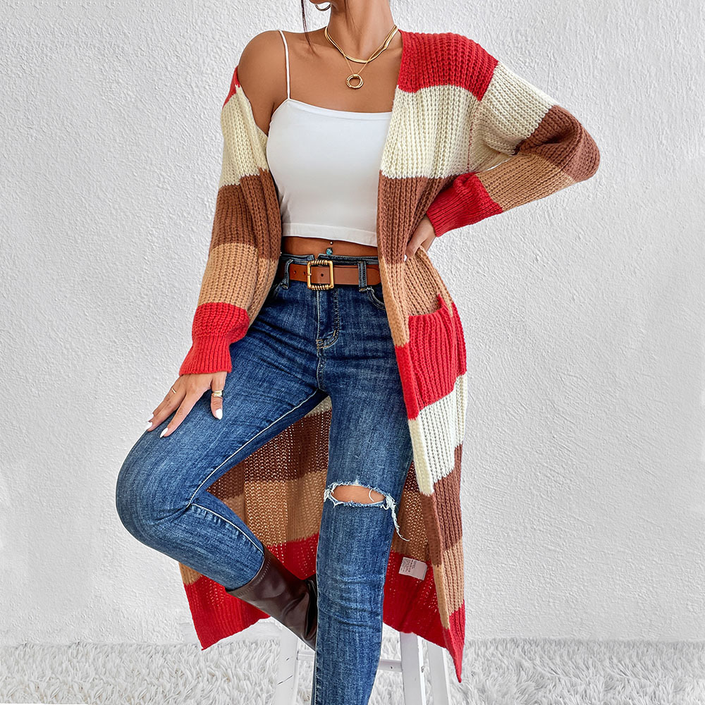 Women's Color-Block Striped Knit Long Cardigan Sweater Coat
