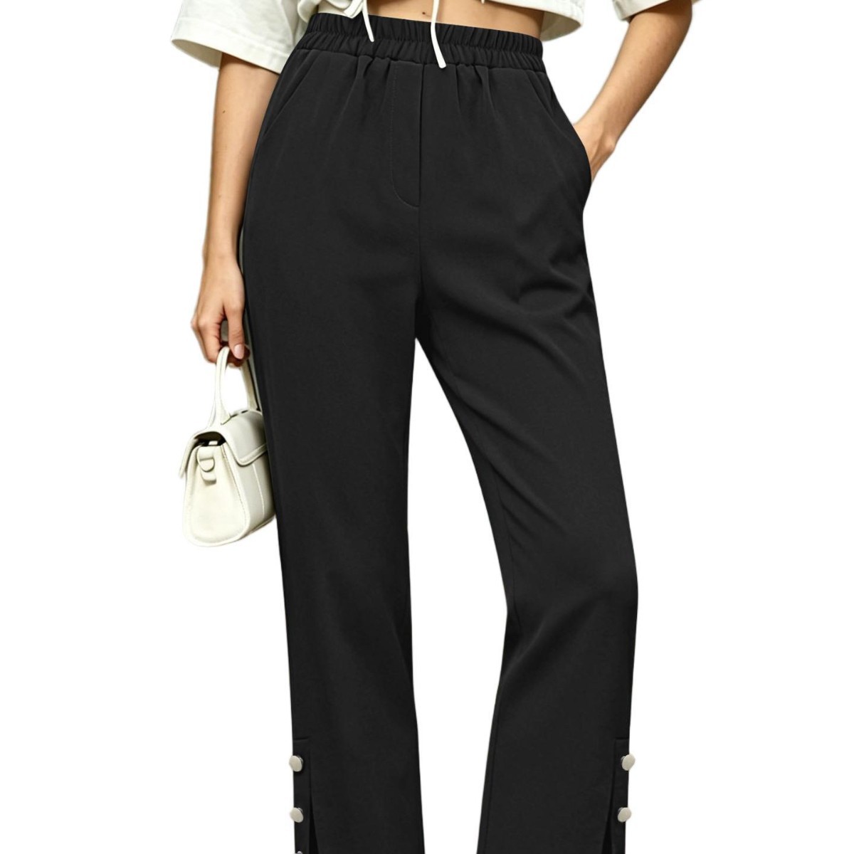 Women's Plus Size Cropped Straight Leg Dress Pants with Split Hem and Button Detail