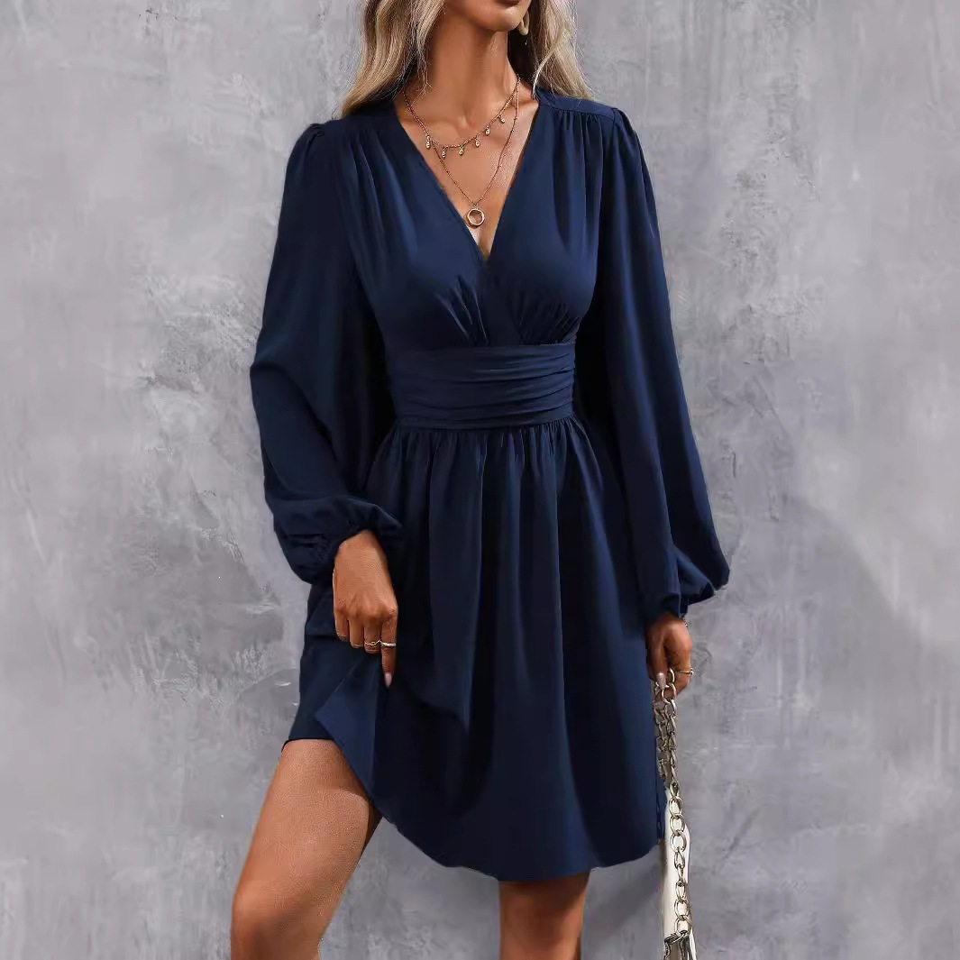 Asymmetric Collar Lantern Sleeve Ruched Waist A-Line Dress