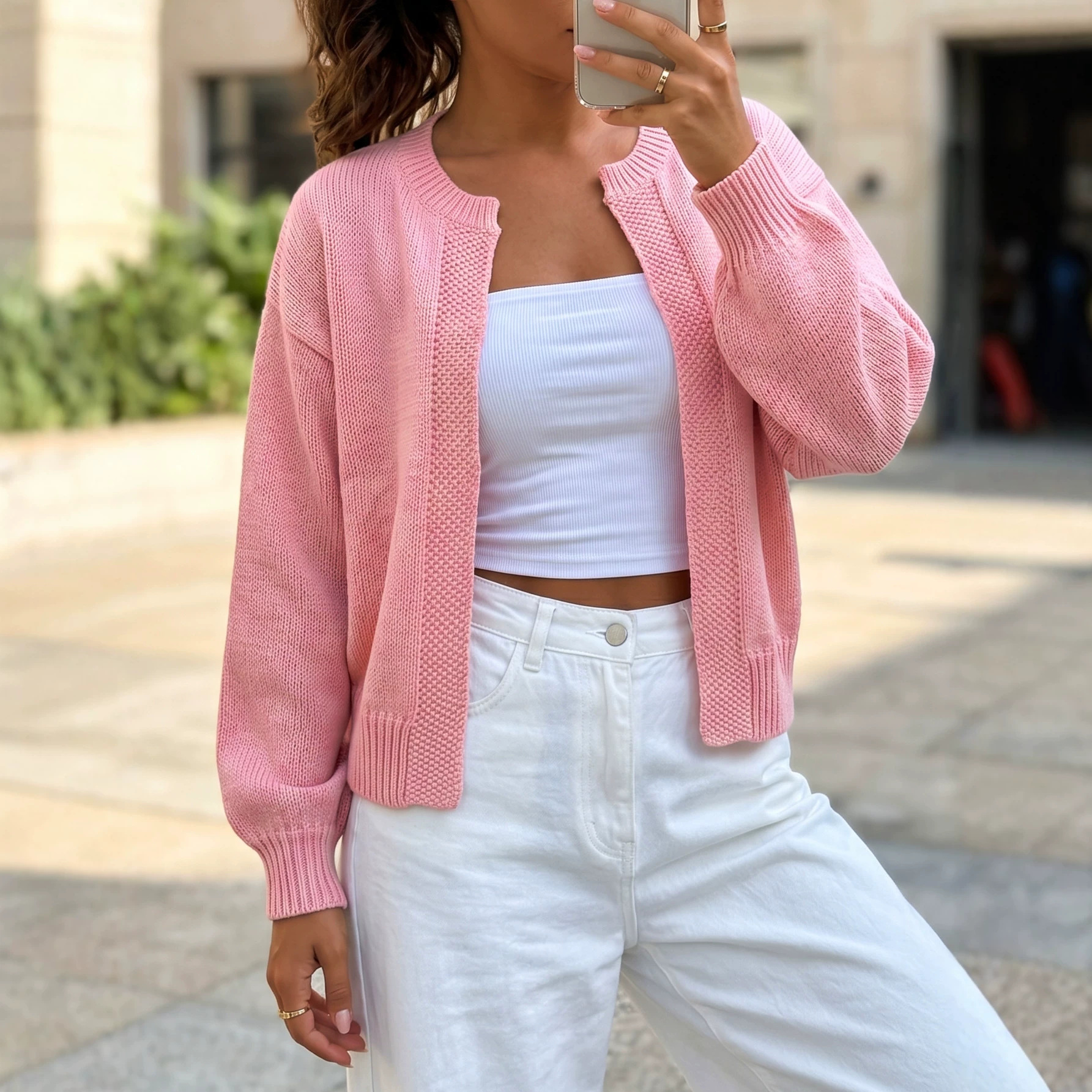 Women's Loose Knit Cardigan Long Sleeve Crew Neck Solid Color