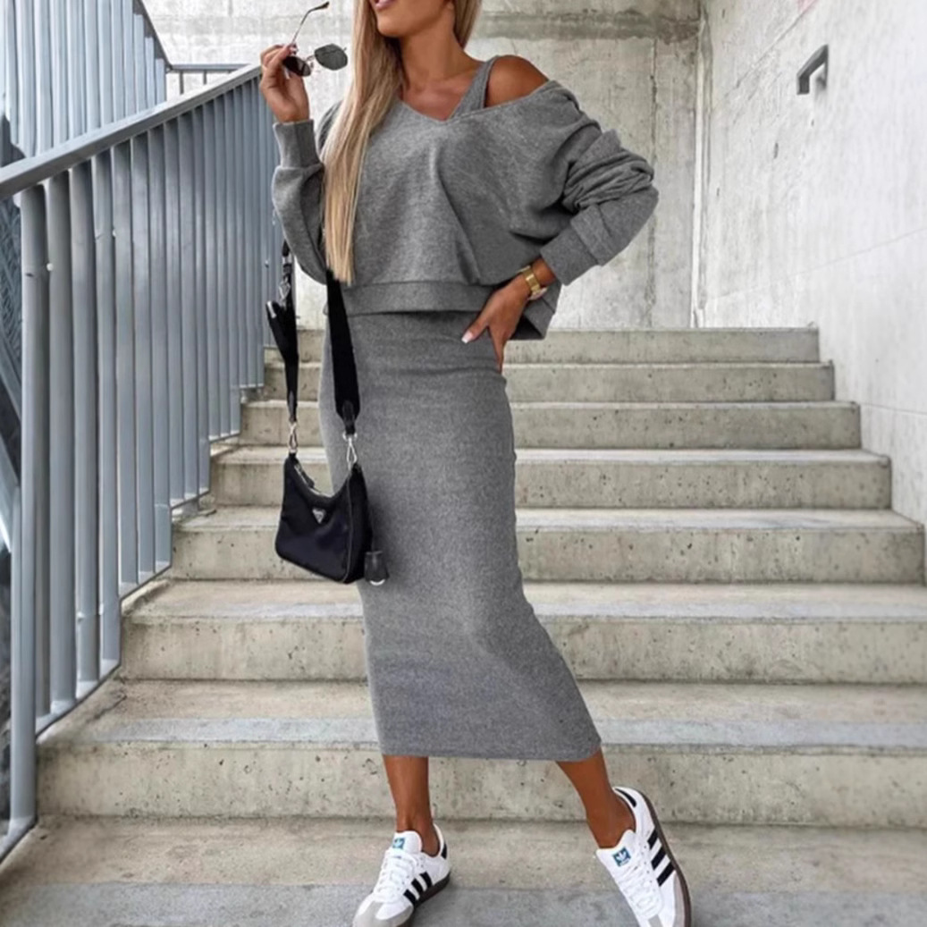 V-Neck Knit Sweatshirt & Cami Dress Two-Piece Set