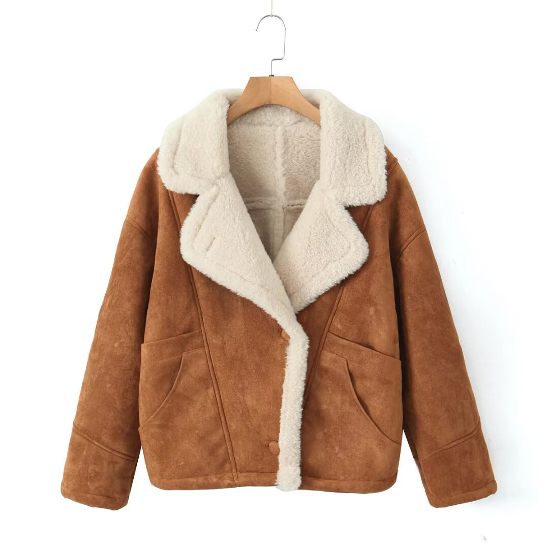 Women's Retro Faux Shearling Coat Round Neck Button Front