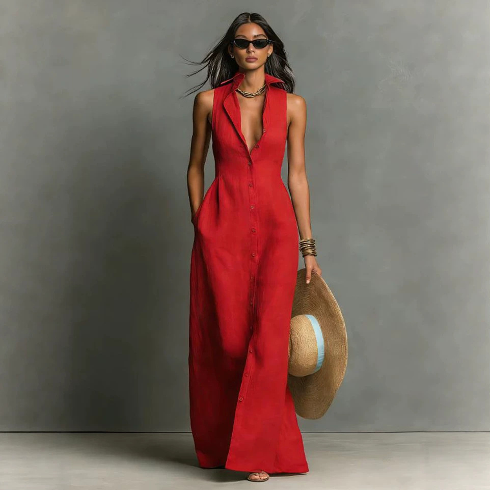 Solid V-Neck Sleeveless Shirt Dress