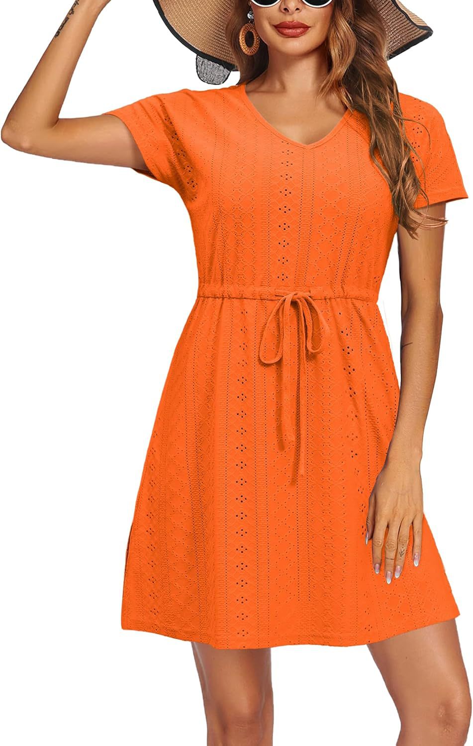 Women's Cutout Waist V-Neck Short Sleeve Beach Dress