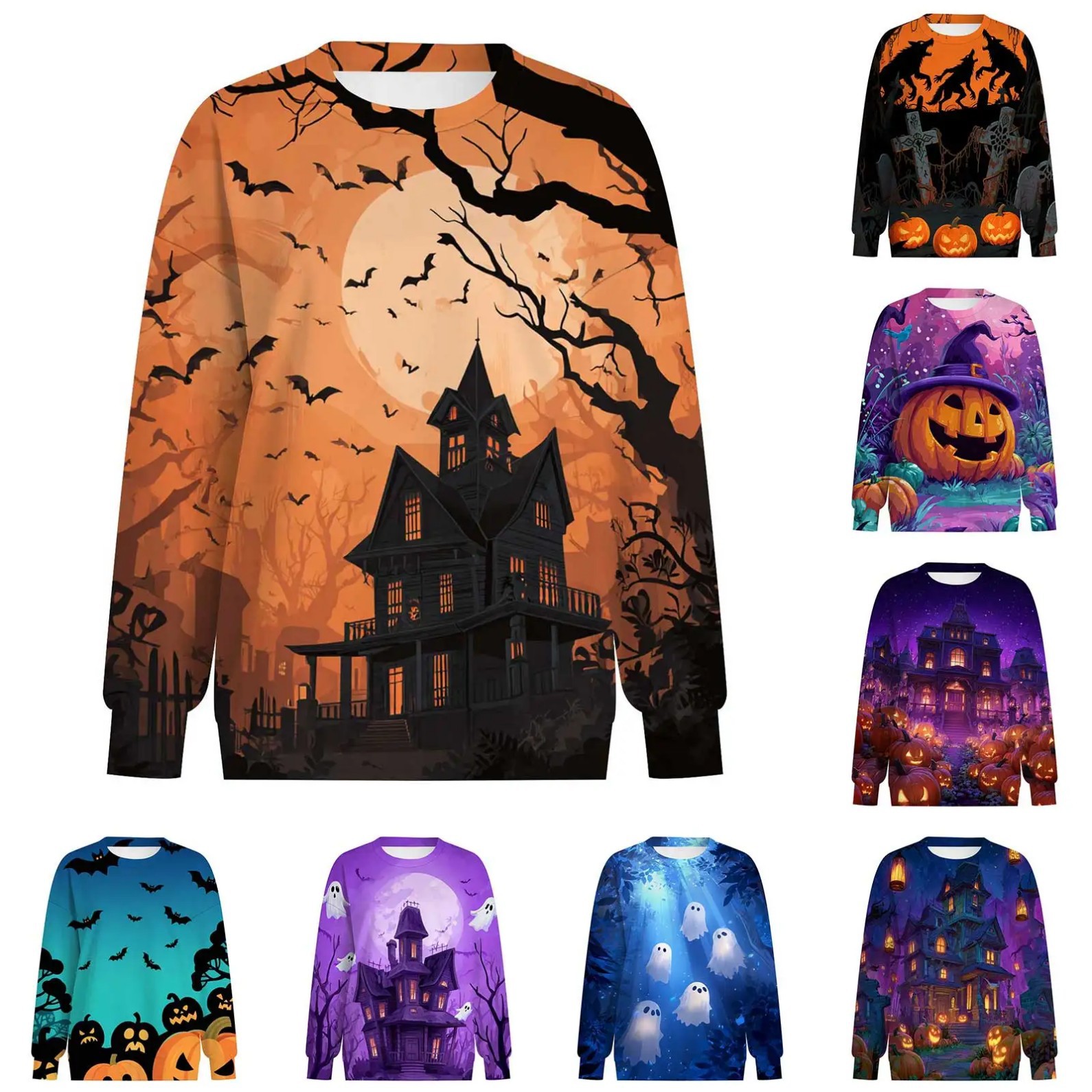 Women's Halloween Cross Castle Ghost Wolf Print Crewneck Sweatshirt