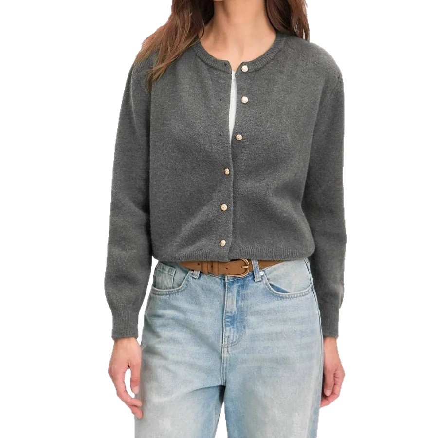 Long Sleeve Knit Cardigan with Gold Buttons Crew Neck Solid Color Loose Sweater Coat