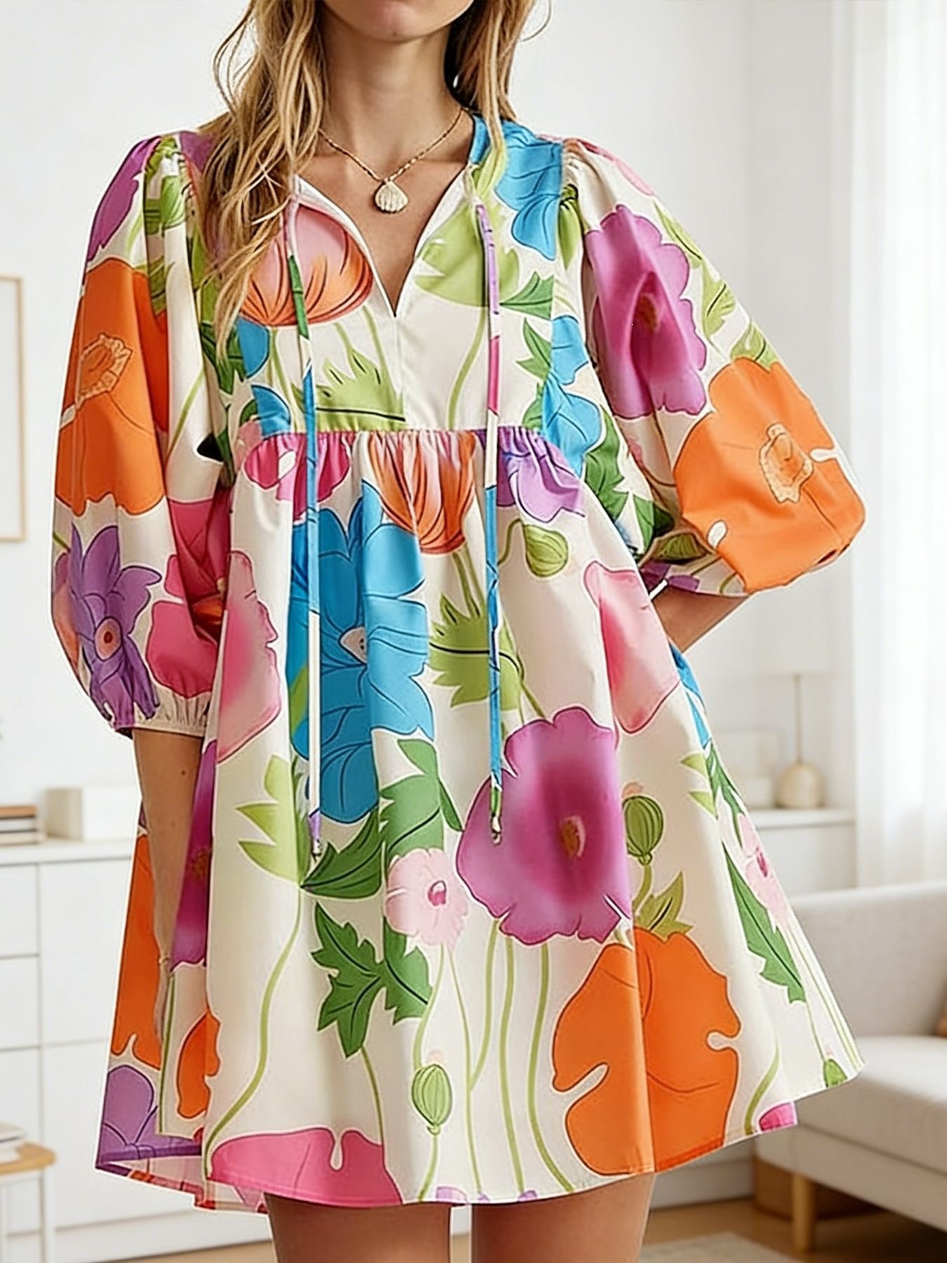 Colorful Floral Print V-Neck Tie Bubble Sleeve Loose Babydoll Dress