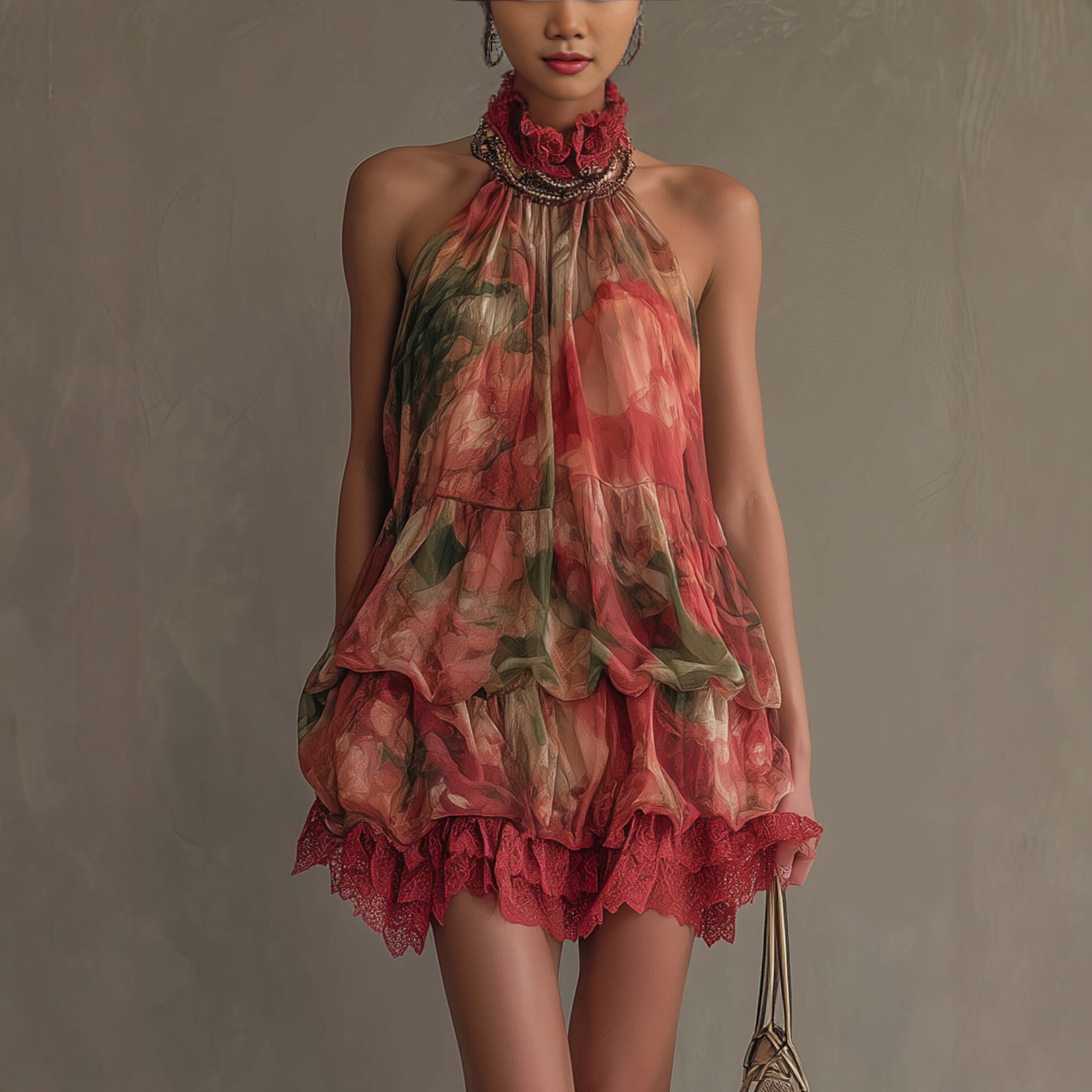Women's Halter Neck Floral Print Lace Spliced Cami Dress Short