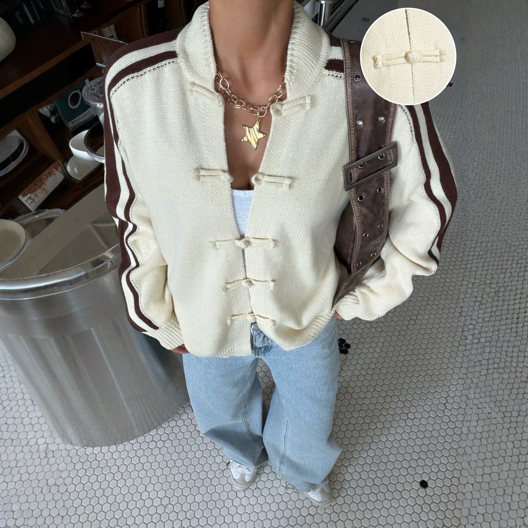 Retro Color-Block Striped Button-Front Knit Cardigan with Mandarin Collar