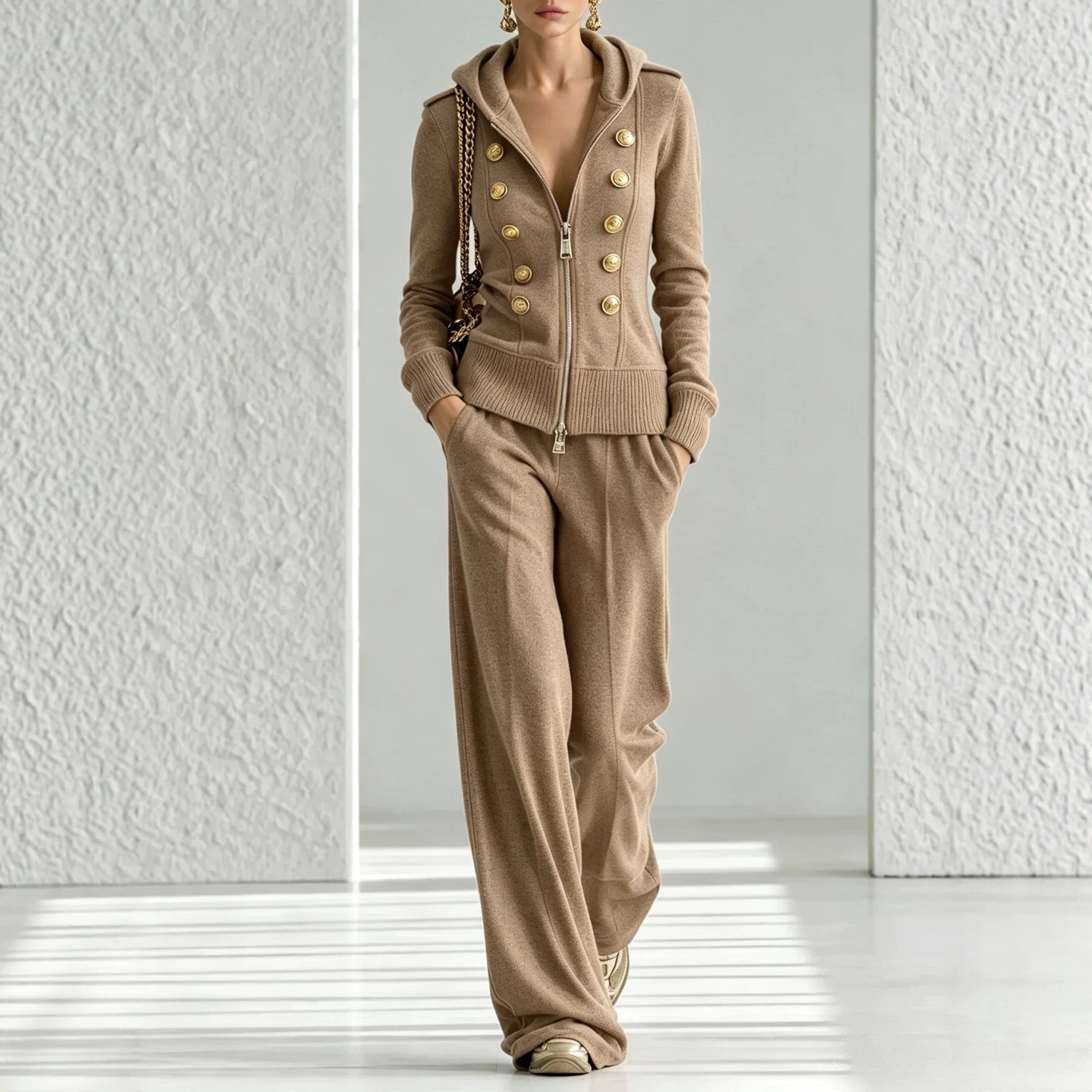 Y2K Double-Breasted Hooded Zip Top & Wide-Leg Pants Women's Set