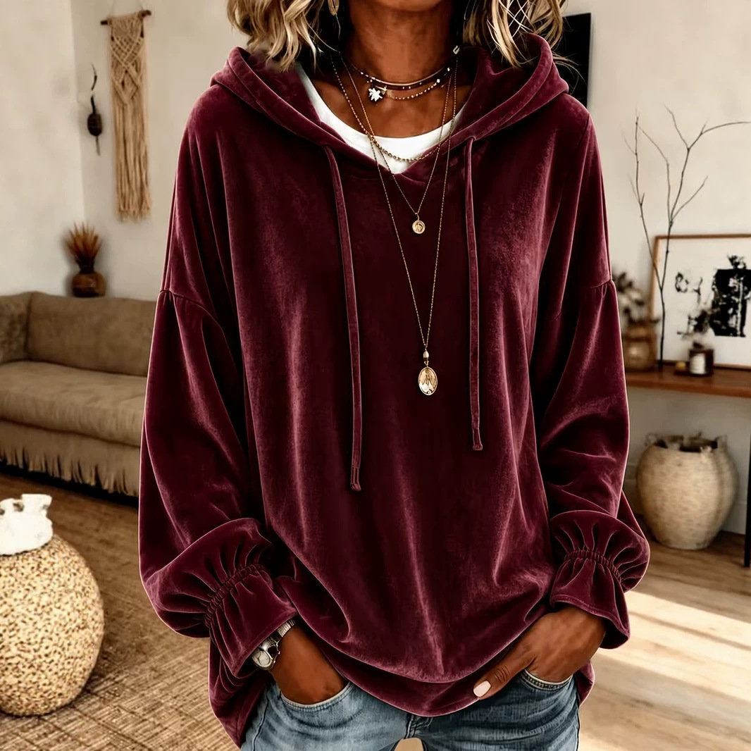 Women's Loose Hooded Velvet Sweatshirt with Drawstring