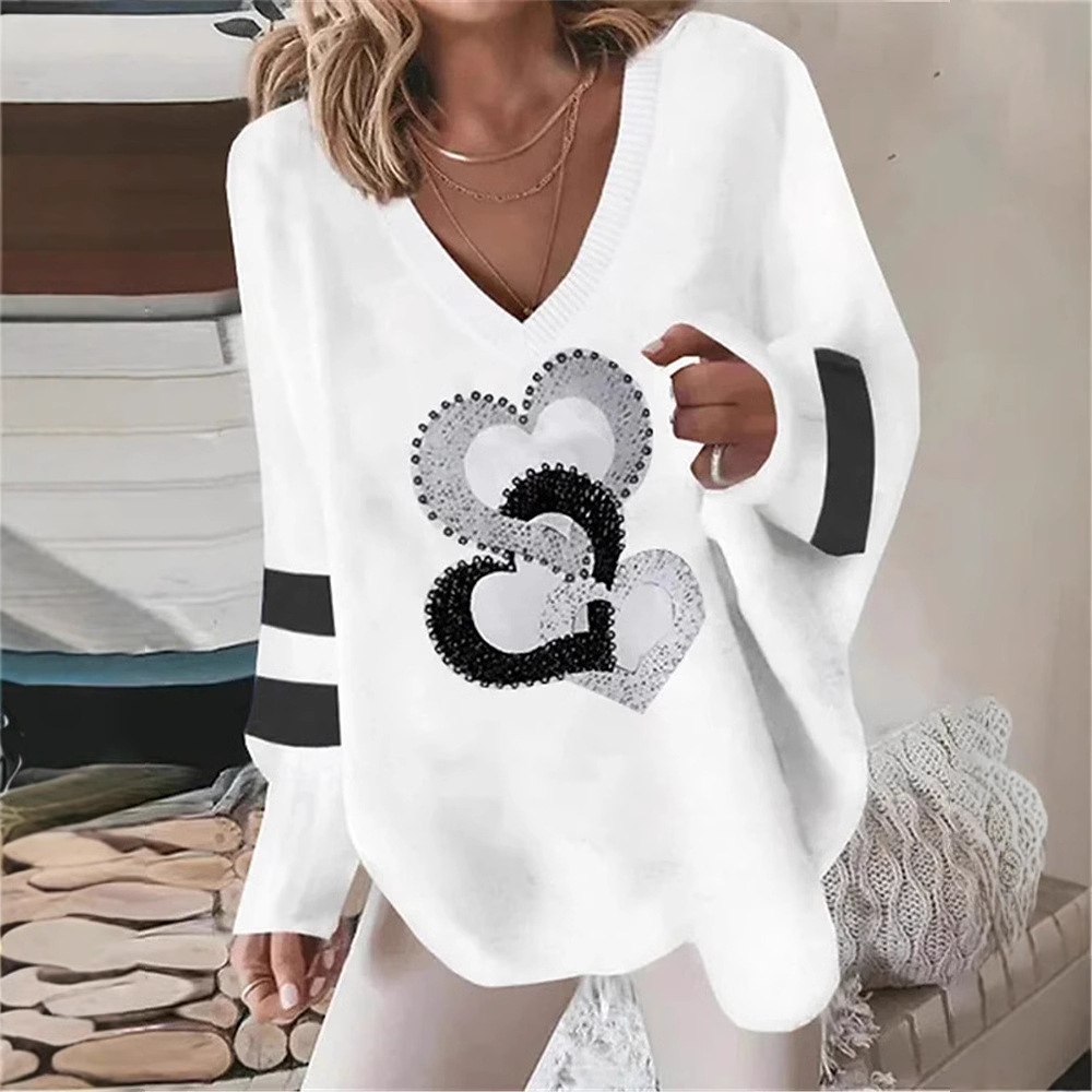V-Neck Loose Geometric Heart Long-Sleeve Sweatshirt for Women