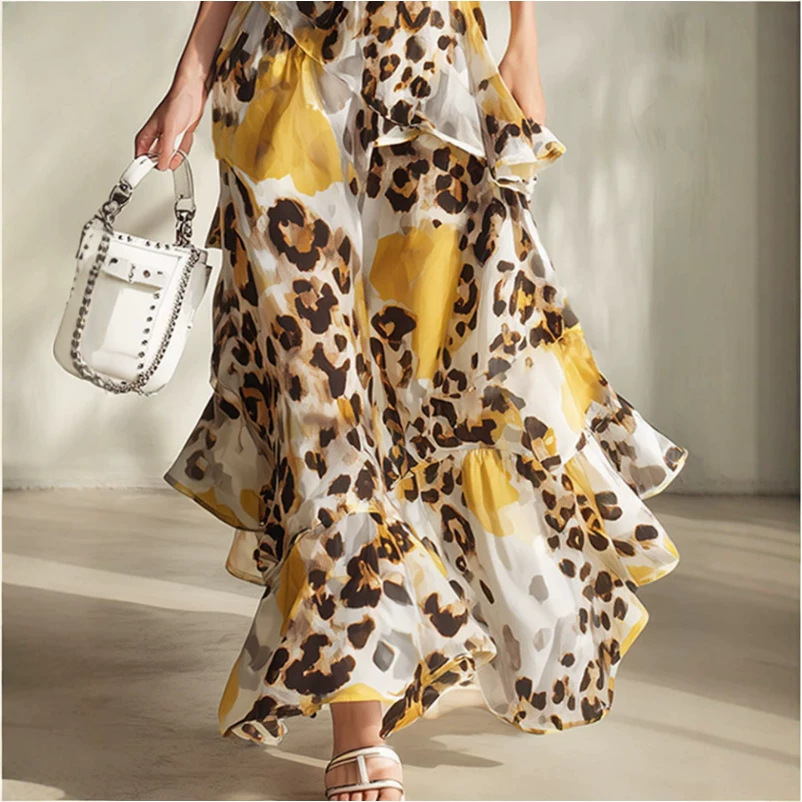 Ruffled Yellow Leopard Print Chiffon Strappy Maxi Dress