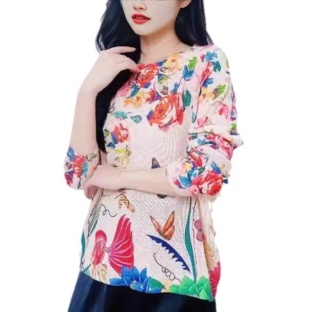 Palace Oil Painting Print Knit Pullover Sweater Long Sleeve Crew Neck Color Block Women's