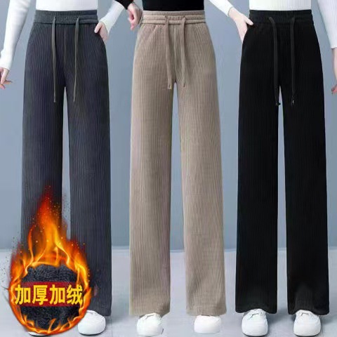Fleece-Lined Corduroy Wide-Leg Pants High Waist Straight Drapey