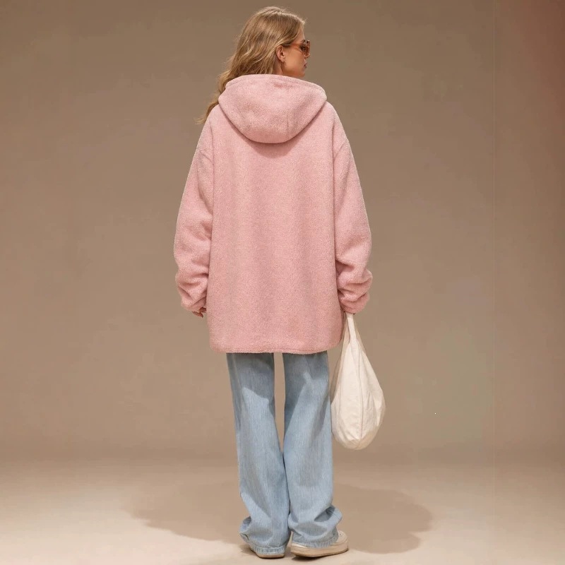 Women's Cherry Blossom Pink Hooded Fleece Mid-Length Coat
