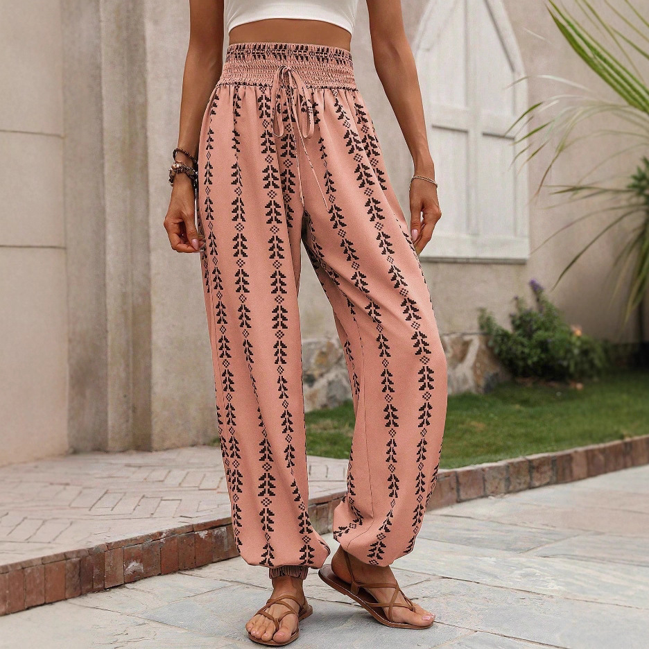 Women's Grid Wide-Leg Lantern Pants High Waist Loose Fit