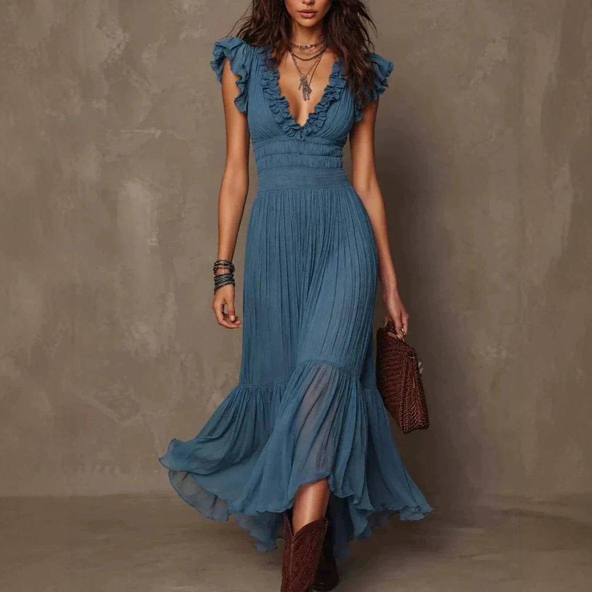 Vintage Haze Blue Ruffled V-Neck Flutter Sleeve Cinched Waist Pleated Flowy Long Dress