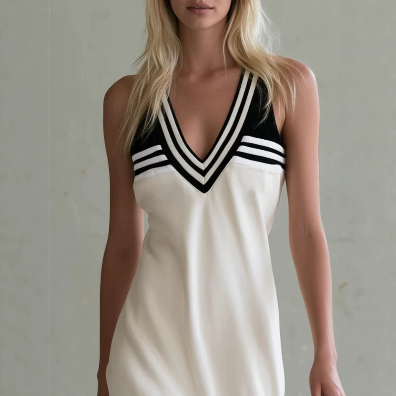 Color-Block Ribbed Sleeveless V-Neck Mini Dress