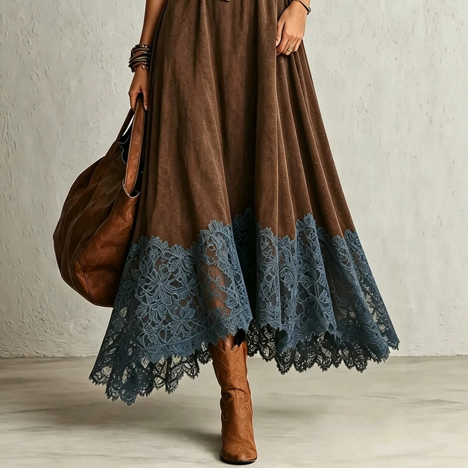 Elegant Color-Block Long Dress with High Neck and Fitted Waist
