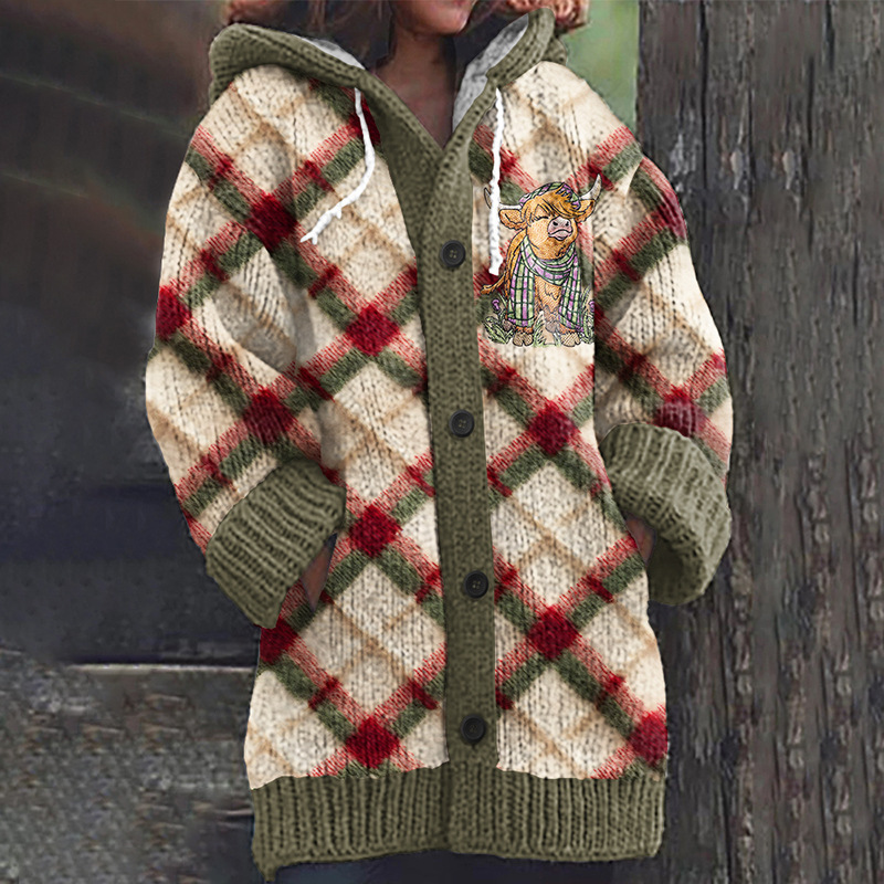 Women's Boho Print Hooded Button Cardigan Sweater